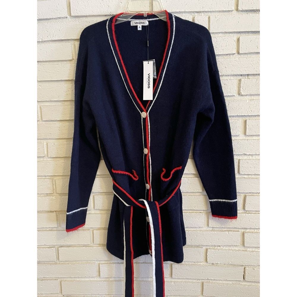 Vigoss Cardigan Sweater Size M Navy Blue Red White Belted Pearly Buttons‎ NWT